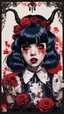 Placeholder: Poster in two gradually, a one side malevolent goth vampire girl face and other side the Singer Melanie Martinez face, full body, painting by Yoji Shinkawa, darkblue and sepia tones, wears a smart shirt which is embroidered with red flowers and ornaments, has dark eyes and horns