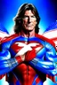 Placeholder: Paul Stanley/Elvis Presley/Pierce Brosnan/Jon Bernthal/Sean Bean/Dolph Lundgren/Keanu Reeves/Patrick Swayze/ hybrid, as the extremely muscular Superhero "SUPERSONIC" in an original patriotic red, white and blue, "Supersonic" Super suit with with an America Flag Cape,