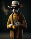 Placeholder: Cool Dude. slender sophisticated Oriental shorthair Siamese chocolate point cat cat standing upright on two legs wears a chunky mustard knit cardigan, patterned trousers and a wide-brimmed felt hat, cradling a steaming ceramic mug in one paw with supreme nonchalance. Exaggerated long whiskers and circular dark sunglasses complete the effortlessly cool ensemble. Full-body photorealistic 3D character render against a moody warm-grey studio background with dramatic side light