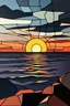 Placeholder: An intricate illustration in acrylics of a sunset over the sea in muted tones in full size , intricate cubist style, geometric forms in the artistic style inspired by Pablo Picasso, muted colors.