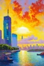 Placeholder: Amazing sunset, buildings, rocks, distant city, cyberpunk, sci-fi, otto pippel, and claude monet impressionism paintings