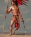 Placeholder: Guaicaipuro, native american god warrior, long black hair, big muscles, red feathers headdress, shirtless, holding a stone tip spear