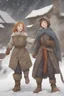 Placeholder: DnD style, two medieval peasant kids playing in the snow male and female, age 14 and 15, happy and playful