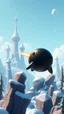 Placeholder: cannon blasting shooting a shiny black ball that looks like a seal rocket above frozen artic jungle with weird alien towers gets torn apart under him, in the style of Pixar, expertly crafted in a whimsical and vibrant cartoon style. is masterfully rendered in a lifelike 3D design, which captivates viewers with there irresistible charm.