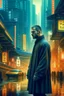 Placeholder: oriental man in a city like Blade Runner Film, future, acid rain