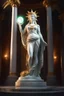 Placeholder: highly detailed marble and jade statue on a plint of the 40 year old roman goddess of the sun holding the sun in her hands. glowing sun halo around head. face of a model. beautiful legs. beautiful feet. tiny bosom. full body shot, volumetric fog, Hyperrealism, breathtaking, ultra realistic, unreal engine, ultra detailed, cyber background, Hyperrealism, cinematic lighting, highly detailed, breathtaking, stunning temple environment