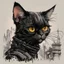 Placeholder: create a wild caricature of a grizzled streetwise cyberpunk female mercenary Black cat, highly detailed with refined feline features in the cartoon caricature style of Gerald Scarfe and Ralph Steadman precisely drawn, boldly inked, vividly colored, 4k