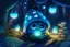 Placeholder: cute chibi bioluminescent sleeping owl in sleeping cap in a forest at night in starshine, lightning moonflowers