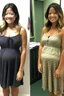 Placeholder: Gina Rodriguez in original form, brunette hair, casual attire, unaltered physique, plain maternity dress ill-fitting, loose around shoulders, no pregnancy curves, everyday features, unchanged facial expression, standard posture. The dress hangs loosely, a misfit on her unaltered silhouette, highlighting the absence of pregnancy curves and accentuating her regular frame. The changing room, well-lit, mystical symbols decorating the walls, soft ambient lighting, creating an enchanting atmosphere.