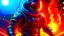 Placeholder: dark portrait of a detailed chrome steampunk astronaut on a flaming alien world.