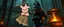 Placeholder: huge hot dog factory under the bridge , in magical black forest the bad hairy chest shiny mutant wolf carrying a lovely scared wtf are you up to, Korean pig girl with dress under his arms, big cauldron in the background in the style of fallout 4,