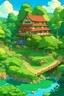 Placeholder: a house, a beautiful garden, a river, some trees, ghibli style