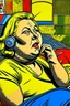 Placeholder: fat woman sitting on sofa listening to radio watching tv news in a room with signs of propaganda in the style of roy lichtenstein