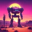 Placeholder: a big robot in a desert, synthwave picture style with light pixel, the sunset on the horizon, with a big pixelated sun and a half moon