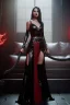 Placeholder: evil witch in black leather gown with a whip in her hand, big chest, angry face, inside a dungeon