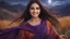 Placeholder: Hyper Realistic Close-up-face-view of a Beautiful Young Happy Pashto Girl with beautiful-eyes & long-black-hair smiling & wearing purple-&-orange-embroidery-dress-with-maroon-shawl whirling with breeze, tall-grass along with a thick-tree on mountain top & cloudy-moonlight at night showing dramatic & cinematic ambiance