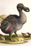 Placeholder: John James Audubon-like illustration of a fully uncropped Dodo bird and a Platypus in a landscape of warm yellows, warm reds, and warm blues