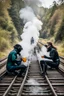 Placeholder: 2 people are sitting on a train track, having tea at a round table; they have wet suits on with flippers and dive goggles; a steaming train is coming right towards them