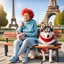 Placeholder: An elderly woman is knitting on a park bench, accompanied by her furry companion - a calm husky dog ​​resting next to her. In the background is the Eiffel Tower. The woman's lively personality shines through her whimsical outfit - a light blue sweater, striped tights and large round glasses perched on her nose. Her spiky red hair adds a touch of glamor to the scene. The sweet dog, with a shaggy yellow coat, lies peacefully with his head resting on the knitted fabric, providing a faithful compani