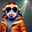 Placeholder: Monkey toddler, smile, steampunk headphone, sunglass, gangsta neckless, full body, orange puffer jacket, tokio background, dramatic lighting, hyper realistic, unreal engine 5, 16k