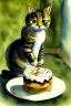 Placeholder: A cute cat is having a birthday cake. Watercolour