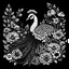 Placeholder: black and white. peafowl between seeds and big flowers. black background. for a coloring.