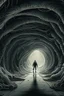 Placeholder: A surreal scene a tunnel-like structure filled with intertwined gray hands , The tunnel is lined with countless writhing aliens bodies, creating a chaotic and nightmarish atmosphere. At the end of the tunnel, a solitary figure walks towards a distant light source, casting a glow that illuminates the scene. The overall color palette is muted with shades enhancing the ominous and unsettling mood. The level of detai