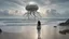 Placeholder: Wide-angle shot of a woman, standing to one side on a beach with huge waves, with dark hair in a silver robotic catsuit, many gigantic flying jellyfish with tentacles floating above her, masterpiece, best quality, super detailed