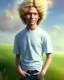 Placeholder: full length photograph of a beautiful 12 year old boy with long, blonde curly hair and light blue eyes, smiling, standing on a green hill in summer, highly detailed, digital painting, smooth, realistic, HDR