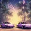 Placeholder: 1980's aesthetic vaporwave palm trees and spheres and Porsche with lightning