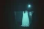 Placeholder: low res, low quality picture, high film grain, terrifying scene of a ghostly girl wearing a long ghostly white gown leaning out from behind a dumpster on a foggy night, found footage horror, low contrast, night vision, static haze