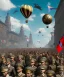 Placeholder: Steampunk Nazis city, with Balloon and swastika flag, people on the street watch the parade of the Wehrmacht army