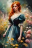 Placeholder: Redhead Russian girl 28yo in a Victorian dress in a beautiful flower garden, dreaming :: by Jeremy Mann + Carne Griffiths + Leonid Afremov, black canvas