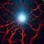 Placeholder: epic dark scene with vibrant tangerine-colored (((bifurcating))) fractal-like squiggly blood veins, which fill the scene, spiraling away from the viewer who views the scene from a (((fish-eye camera view))) the veins head towards a bright light blue cyan dramatic light, scientific illustration