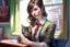 Placeholder: kitten brunette woman secret agent joker in an office in sunshine, very detailed, oil painting