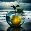 Placeholder: lovely double exposure image by blending together a stormy sea and a glass apple. The sea should serve as the underlying backdrop, with its details subtly incorporated into the glossy glass apple, sharp focus, double exposure, glossy glass apple, (translucent glass figure of an apple) (sea inside) lifeless, dead, glass apple, yellow colors, decadence, intricate design, hyper realistic, high definition, extremely detailed, dark softbox image, raytracing, cinematic, HDR, photorealistic (double exp