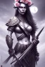 Placeholder: lady warrior with white top and black eyes and flowers