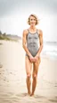 Placeholder: beautiful anorexic 19 year old woman, total shot, grey triathlon swimsuit, short blonde wavy bob hair, blurred beach background