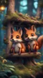 Placeholder: magazine cover with black border, adjust hue for evening, close up portrait of sleepy fox bug squirrel couple with weird worried cute huge eyes in a tree house in wonderful enchanted magical forest by river,bokeh like f/0.8, tilt-shift lens 8k, high detail, smooth render, down-light, unreal engine, prize winning