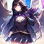 Placeholder: Clear focus,High resolution, black long fluffy hair, long fluffy bangs, purple eyes, wearing a super hero outfit, wearing a short skirt,