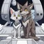 Placeholder: front in picture an of little dark brown catlike creature with big ears, big eyes stands medium close and looking an anthropomorphic wolf couple sitting on the spaceship's ramp close together, the pale gray body hair female wolf sits behind strong male wolf and touths one paw on the dark gray body hair man wolf's shoulder, raini day, on ramp a little piece of meat lies down, high contrast, high detalied, high realistic, in background detail of an angular spaceship visible. Rain, 3d realistic art