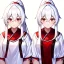 Placeholder: Clear focus, 8k, beautiful lighting, vibrant colors, girl, white hair, long hair, vibrant red eyes, ponytail, same twins, white hair, red eyes, same clothes, miko, hair in between the eyes,