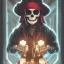 Placeholder: a cyberpunk hacker pirate captain skeleton holding a beer with a pirate hat sitting in front of a huge old crt monitor in a dark room , only light coming from crt monitor, highly detailed, intricate, digital art, trending on artstation, trending on cgsociety, by greg rutkowski