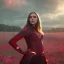 Placeholder: Feiticeira escarlate, Elizabeth Olsen, feiticeira, magia, bonita, cenário em um campo de flores, cinematográfico, dramático, por do sol, campo de flores, cores frias