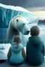 Placeholder: Niño y niña observan con tristeza cómo el glaciar se derrite y cae en el mar, a un lado un oso polar se con una mirada de preocupación