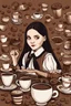 Placeholder: Wednesday Addams in front of Some Coffee cups and coffee beans and Other Things Arranged on a Brown Background