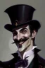 Placeholder: Strahd von Zarovich with a handlebar mustache wearing a top hat with a smile, closed eyes and question marks