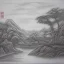 Placeholder: uma paisagem chinesa com rios e arvores, por do sol ao fundo, desenho a lapis