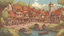 Placeholder: medieval gothic village on a lake with bridges, people, balconies, trees