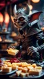 Placeholder: full body portrait of a vampire werewolf gremlin stargoyle eating cheese doodles and the blood of fish on a viking ship, in the style of Giger,bokeh like f/0.8, tilt-shift lens 8k, high detail, smooth render, down-light, unreal engine, prize winning